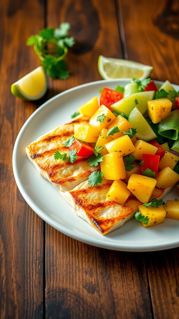 Grilled mahi mahi fillets topped with pineapple salsa on a white plate with salad and lime wedges.